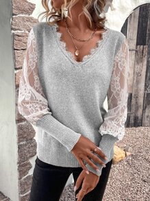 SHEIN LUNE Contrast Lace Jumper - Light Grey - View 1