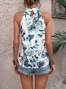 SHEIN VCAY Blusa con estampado tropical de cuello con abertura de ojo - Blanco - Ver 2