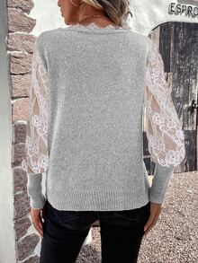 SHEIN LUNE Contrast Lace Jumper - Light Grey - View 2