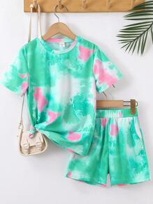 SHEIN Tween Girl Tie Dye Tee & Shorts - Green - View 1