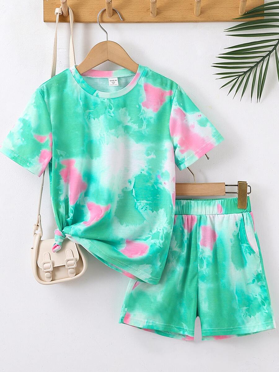 SHEIN Tween Girl Tie Dye Tee & Shorts - Green - View 1