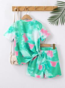 SHEIN Tween Girl Tie Dye Tee & Shorts - Green - View 2