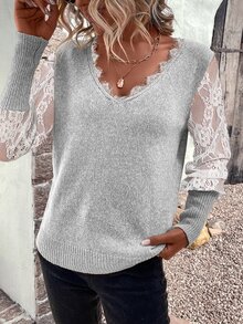 SHEIN LUNE Contrast Lace Jumper - Light Grey - View 5