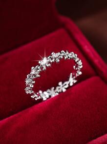 1入組魅力四射方晶鋯石和花朵裝飾戒指適合女士日常裝飾 - 銀色 - 查看 2