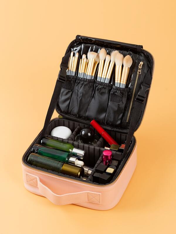 1pc Pink PU Leather Hard Shell Handle Detachable Splicing Large