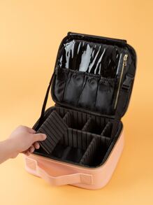 1 pieza de Bolsa de maquillaje portátil de viaje para mujeres y niñas con carcasa dura y asa de PU rosa, desmontable con gran capacidad a prueba de agua y protección a prueba de agua con protección para pinceles de maquillaje de PVC en el interior, organizador de almacenamiento de maquillaje y estuche de maquillaje