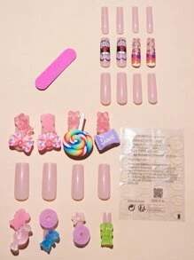 Elevate Your Style With 24Pcs Long Coffin Candy Bear Bowknot 3D Decor Fake Nail & 1Sheet Tape & 1Pc Nail File Press On Nails Nail Supplies Nails - Multicolor - View 2