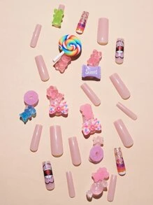 Elevate Your Style With 24Pcs Long Coffin Candy Bear Bowknot 3D Decor Fake Nail & 1Sheet Tape & 1Pc Nail File Press On Nails Nail Supplies Nails - Multicolor - View 3