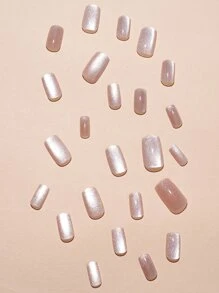 24入組長方形裸色貓眼閃爍假指甲和1張膠帶和1支甲檔，壓克力假甲美甲工具