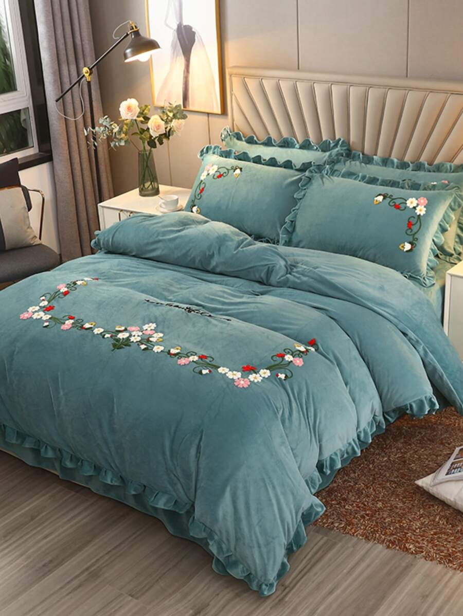 3 Cái/bộ Bộ Vỏ Chăn Ga Gối Thêu Hoa Không Chất Độn (1 Vỏ Chăn & 2 Vỏ Gối), Bộ Chăn Ga Gối Polyester Hiện Đại Cho Gia Đình - màu xanh lá - Xem 1
