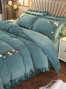 3 Cái/bộ Bộ Vỏ Chăn Ga Gối Thêu Hoa Không Chất Độn (1 Vỏ Chăn & 2 Vỏ Gối), Bộ Chăn Ga Gối Polyester Hiện Đại Cho Gia Đình - màu xanh lá - Xem 2