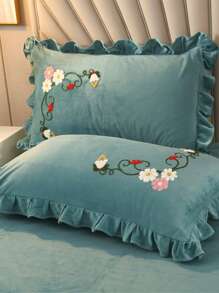 3 Cái/bộ Bộ Vỏ Chăn Ga Gối Thêu Hoa Không Chất Độn (1 Vỏ Chăn & 2 Vỏ Gối), Bộ Chăn Ga Gối Polyester Hiện Đại Cho Gia Đình - màu xanh lá - Xem 4