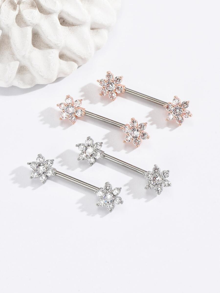 1 Paar Nippelring mit Funky Edelstahl Blume & Kubischem Zirkonia Dekor, Für Frauen Für Tägliche Dekoration