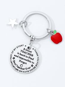 1pc Women Slogan Graphic Round & Apple Charm Creative Keychain - Silver - View 1