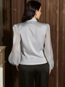 Modelyn Surplice Neck Lantern Sleeve Satin Blouse - Grey - View 2