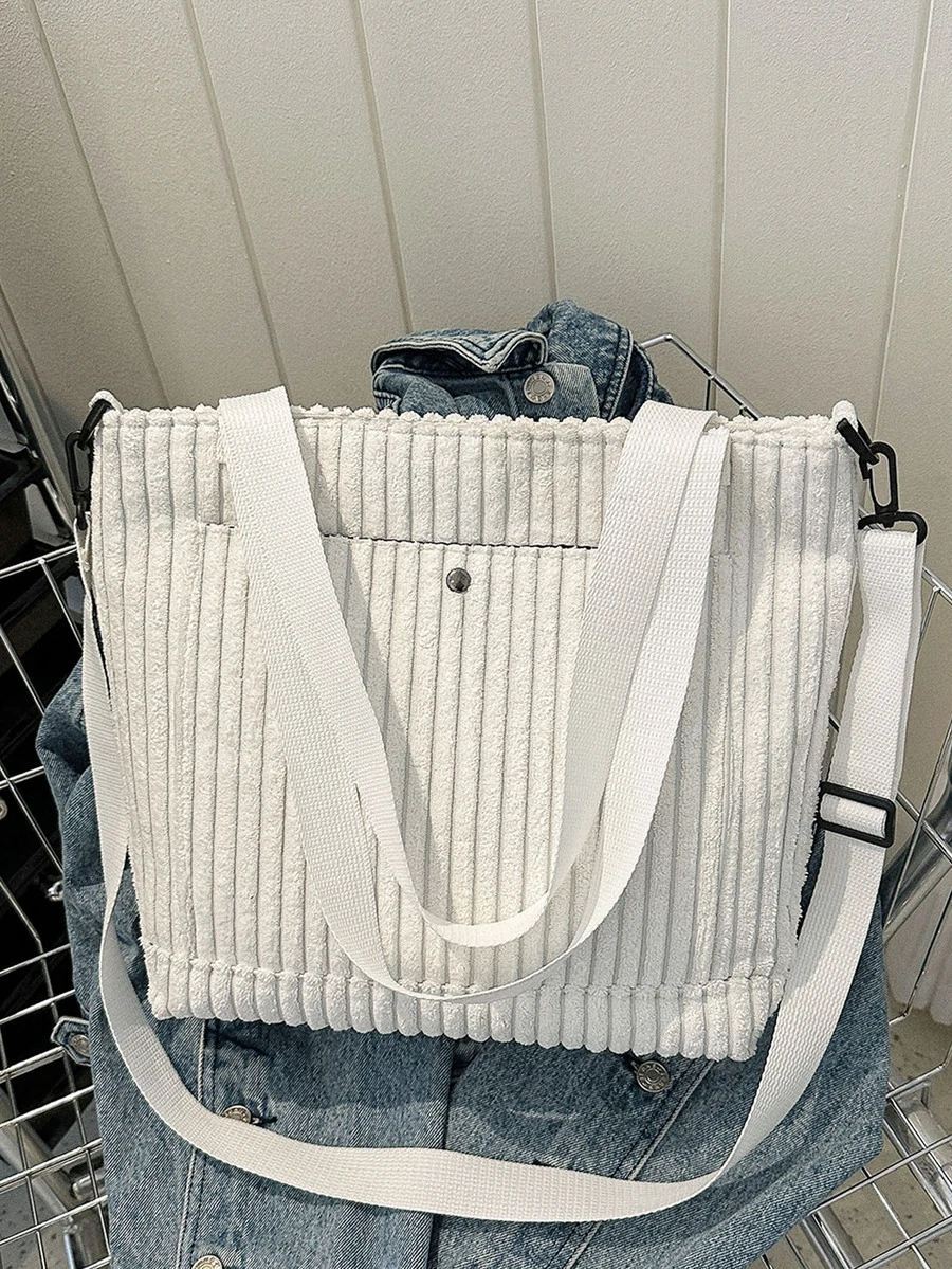 Medium Tote Bag Solid Colour Double Handle Fashion Style - White - View 1