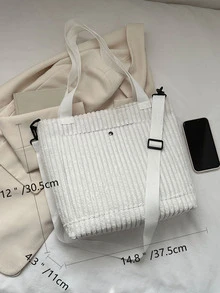 Medium Tote Bag Solid Colour Double Handle Fashion Style - White - View 5