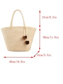 Túi Rơm Quá Khổ Trang Trí Pompom Tay Cầm Đôi Có Khóa Kéo Cho Kỳ Nghỉ, Hoàn Hảo Cho Kỳ Nghỉ Du Lịch Bãi Biển Mùa Hè - Màu be - Xem 3