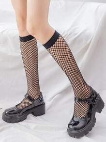 1pair Women Solid Fishnet Over The Calf Socks For Daily Life