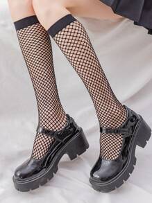 1pair Women Solid Fishnet Over The Calf Socks For Daily Life