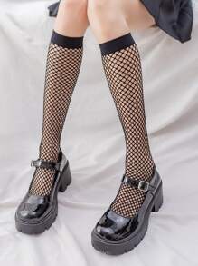 1pair Women Solid Fishnet Over The Calf Socks For Daily Life