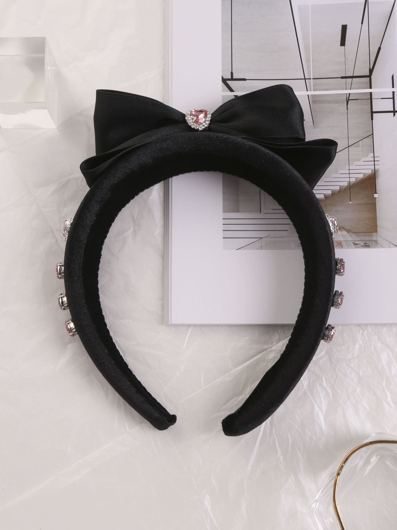 1入組女士水鑽和蝴蝶結裝飾髮箍適用於頭髮裝飾用品 - 黑色 - 查看 1
