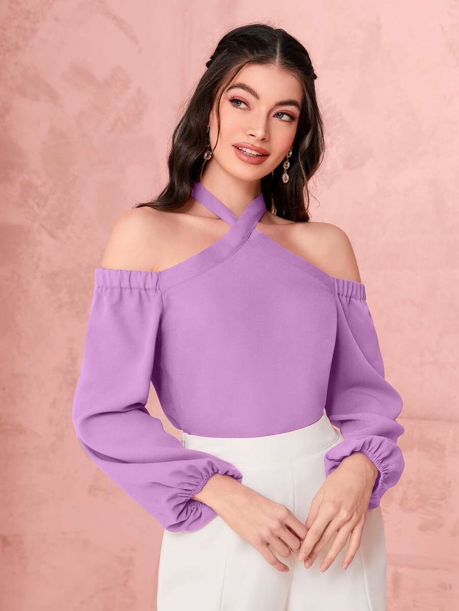 Mulvari Blusa unicolor de cuello halter de manga farol - Morado - Ver 1