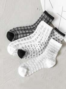 4雙女式格子圖案中筒襪適合日常生活 - 黑與白 - 查看 1