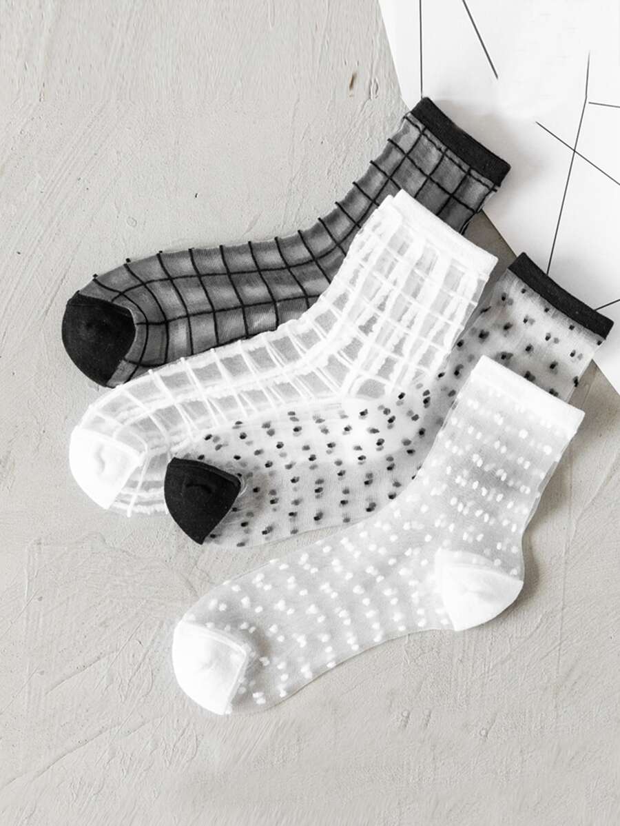 4雙女式格子圖案中筒襪適合日常生活 - 黑與白 - 查看 1
