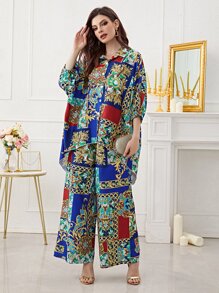 Mulvari 撞色拼接圖案蝙蝠袖襯衫和闊腿褲 - 彩色 - 查看 1