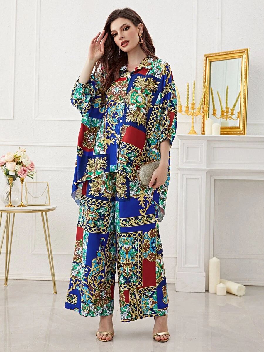 Mulvari 撞色拼接圖案蝙蝠袖襯衫和闊腿褲 - 彩色 - 查看 1