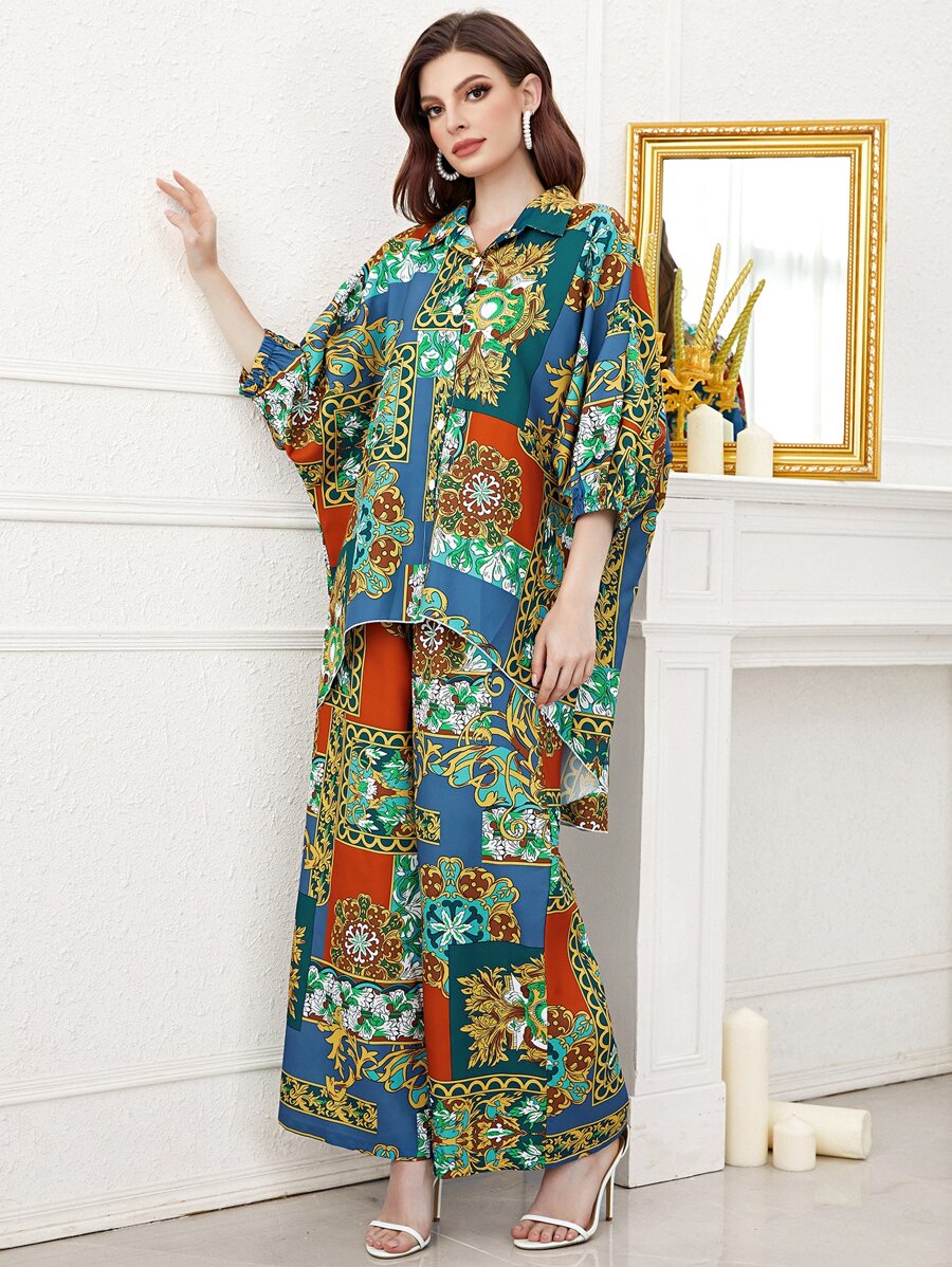 Mulvari Bộ đồ hai mảnh nữ Cao thấp Nút phía trước Chắp vá Boho - Nhiều màu - Xem 1