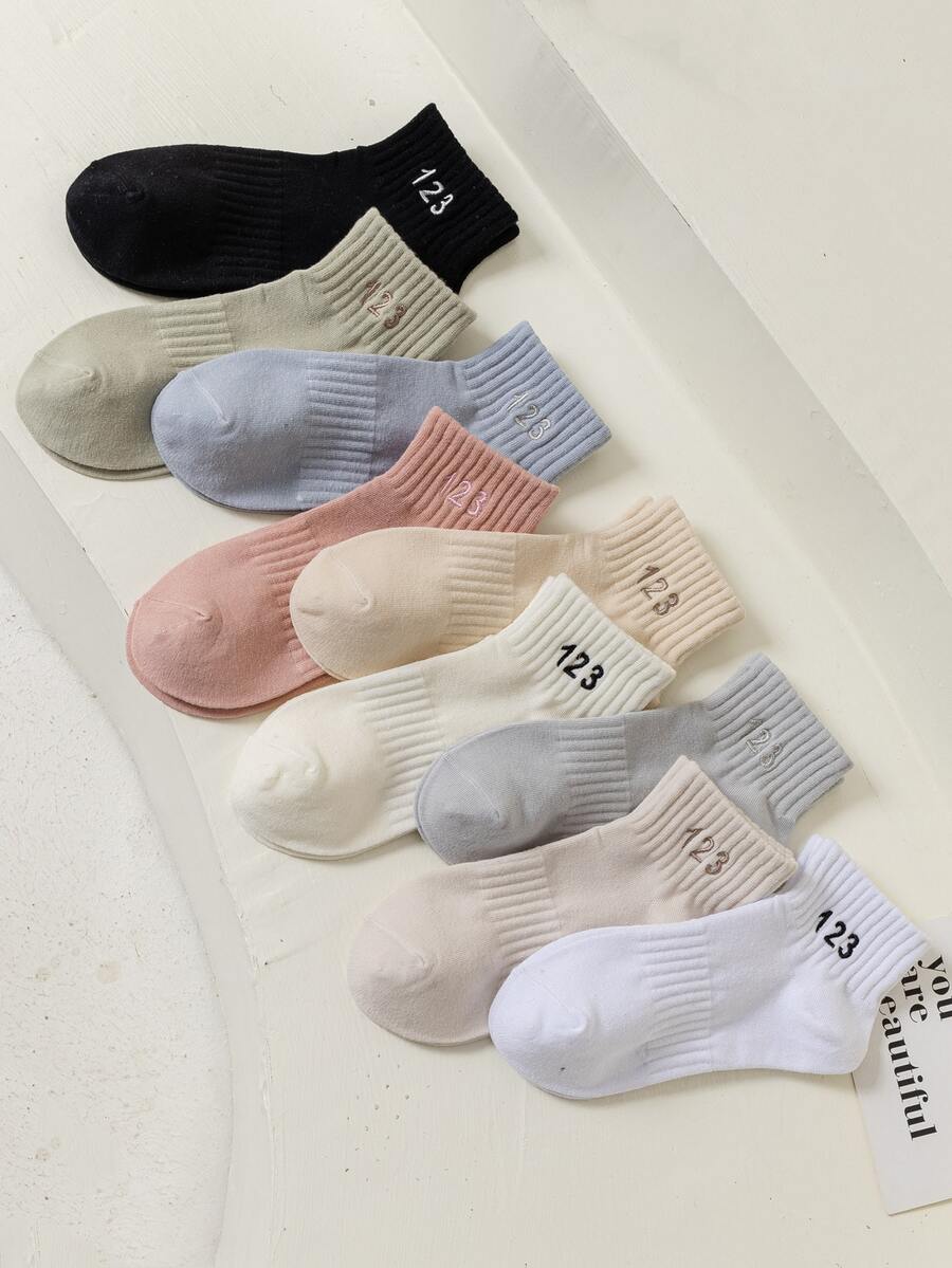 9雙女式數字刺繡時尚中筒襪適合日常生活 - 彩色 - 查看 1