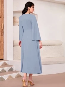 Modelyn Surplice Neck Bell Sleeve Dress - Dusty Blue - View 2