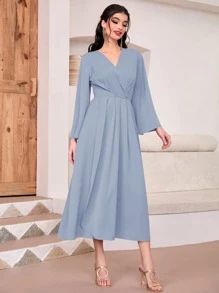 Modelyn Surplice Neck Bell Sleeve Dress - Dusty Blue - View 3