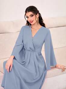 Modelyn Surplice Neck Bell Sleeve Dress - Dusty Blue - View 4