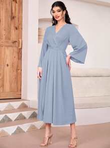 Modelyn Surplice Neck Bell Sleeve Dress - Dusty Blue - View 5