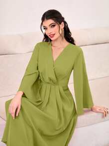 Modelyn Trumpet Sleeve Wrap Neck Dress - Lime Green - View 4