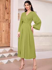 Modelyn Trumpet Sleeve Wrap Neck Dress - Lime Green - View 6