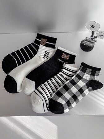 Mujer 5 pares Calcetines tobilleros oso de dibujos animados cabeza & con patrón de rayas dulce para diariamente