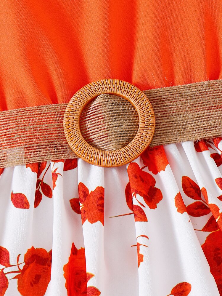 SHEIN Cô gái Tween In hoa Viền Ruffle Đầm - trái cam - Xem 6