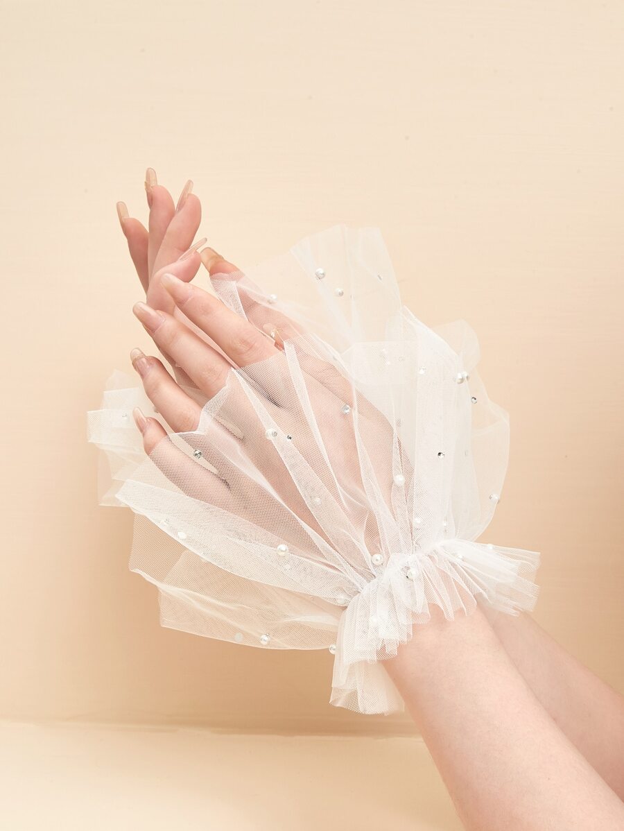 1pair Lace Ruffle Puff Sleeve With Rhinestone Beaded Edge Suitable For Wedding, Party And Festival Outfit - White - View 1