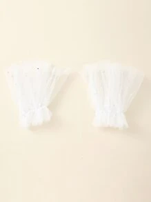 1pair Lace Ruffle Puff Sleeve With Rhinestone Beaded Edge Suitable For Wedding, Party And Festival Outfit - White - View 3