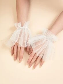 1pair Lace Ruffle Puff Sleeve With Rhinestone Beaded Edge Suitable For Wedding, Party And Festival Outfit - White - View 4
