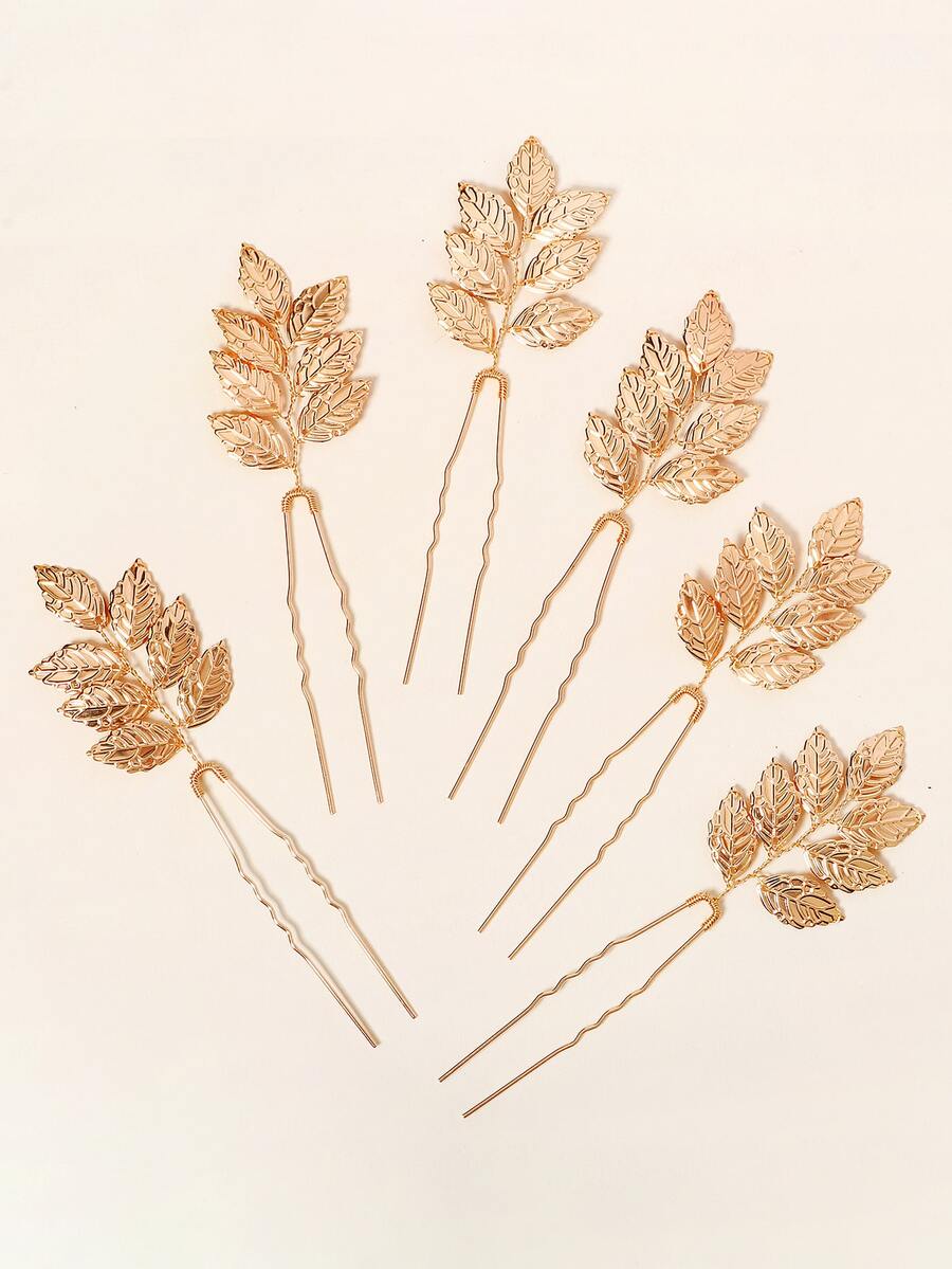 6入組女士葉子裝飾時尚新娘婚禮派對波西米亞髮夾 - 金色 - 查看 1