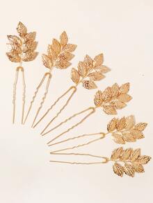 6入組女士葉子裝飾時尚新娘婚禮派對波西米亞髮夾 - 金色 - 查看 2