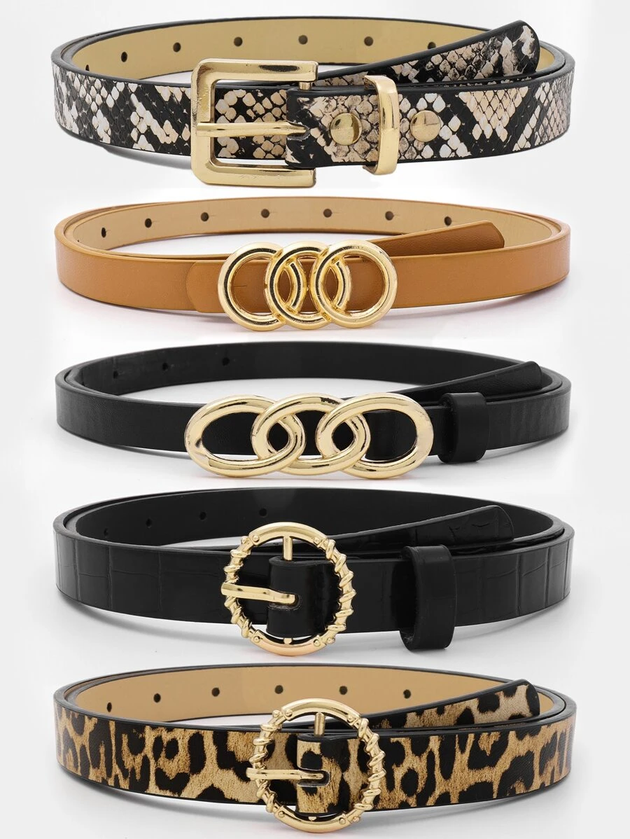 Mujer 5 piezas Cinturón con patrón de leopardo de moda con hebilla redonda para diariamente - Multicolor - Ver 1