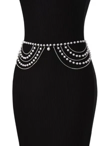 1 dây chuyền thắt lưng phong cách phương Tây dành cho nữ với nhiều dây chuyền bên, tua rua, trang trí ngọc trai và kim cương giả - Bạc - Xem 1