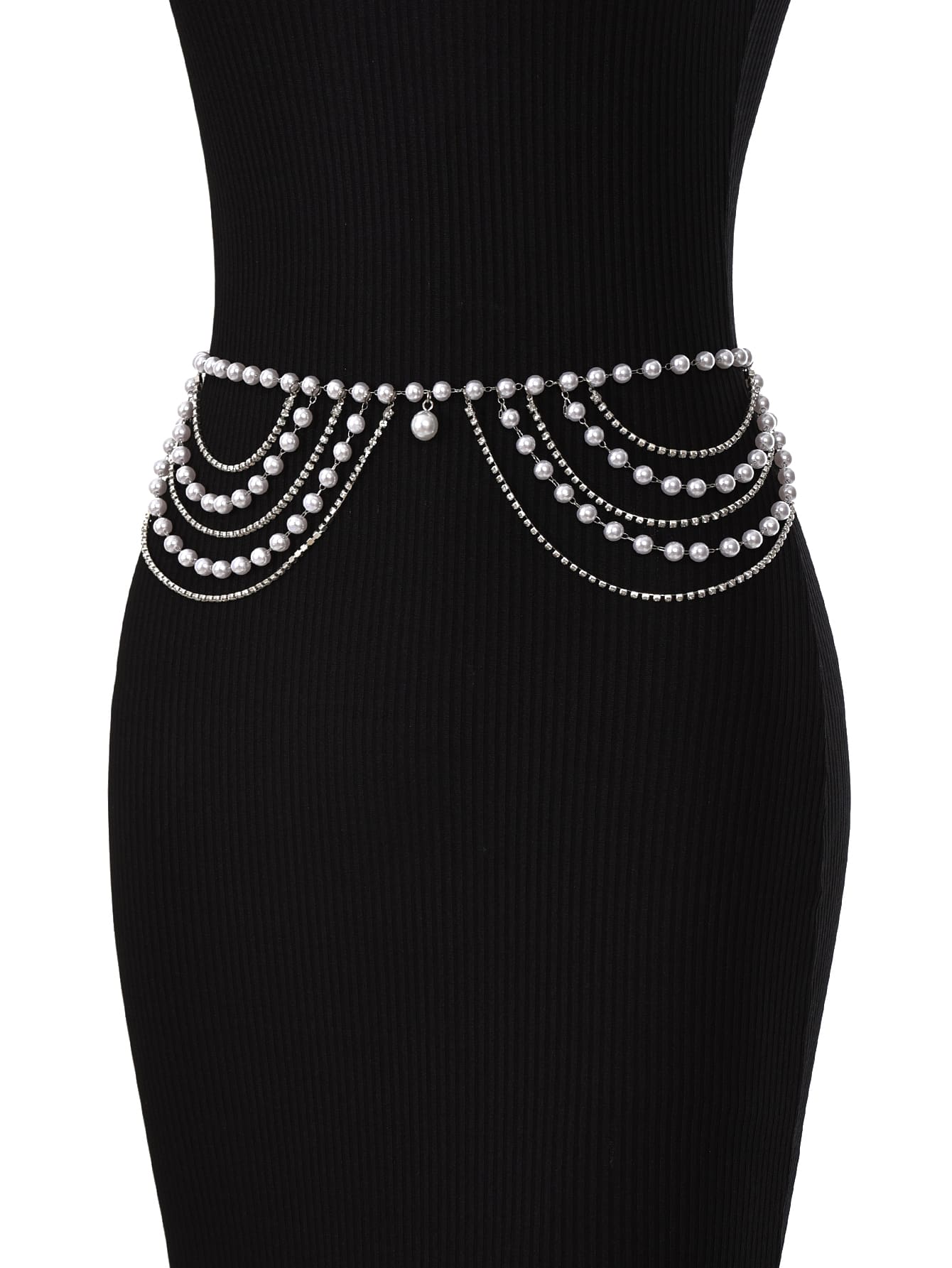 1 dây chuyền thắt lưng phong cách phương Tây dành cho nữ với nhiều dây chuyền bên, tua rua, trang trí ngọc trai và kim cương giả - Bạc - Xem 1