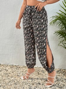 SHEIN Holidaya Plus Floral Print Shirred Waist Wide Leg Trousers - Multicolor - View 2
